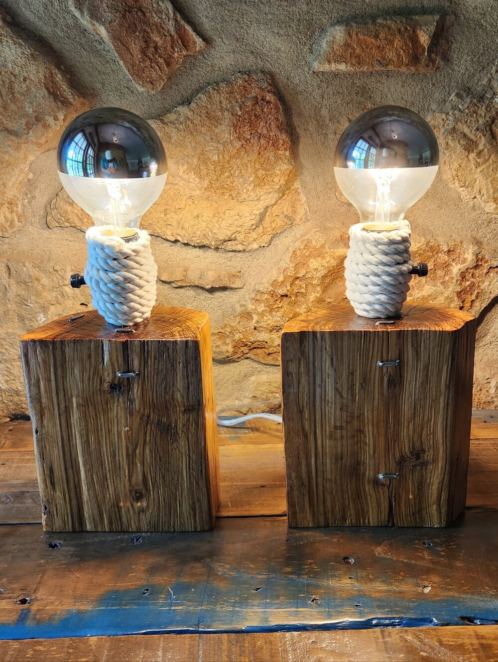 Pair Of Rustic Wooden Block Table Lamp with White Rope Accent
